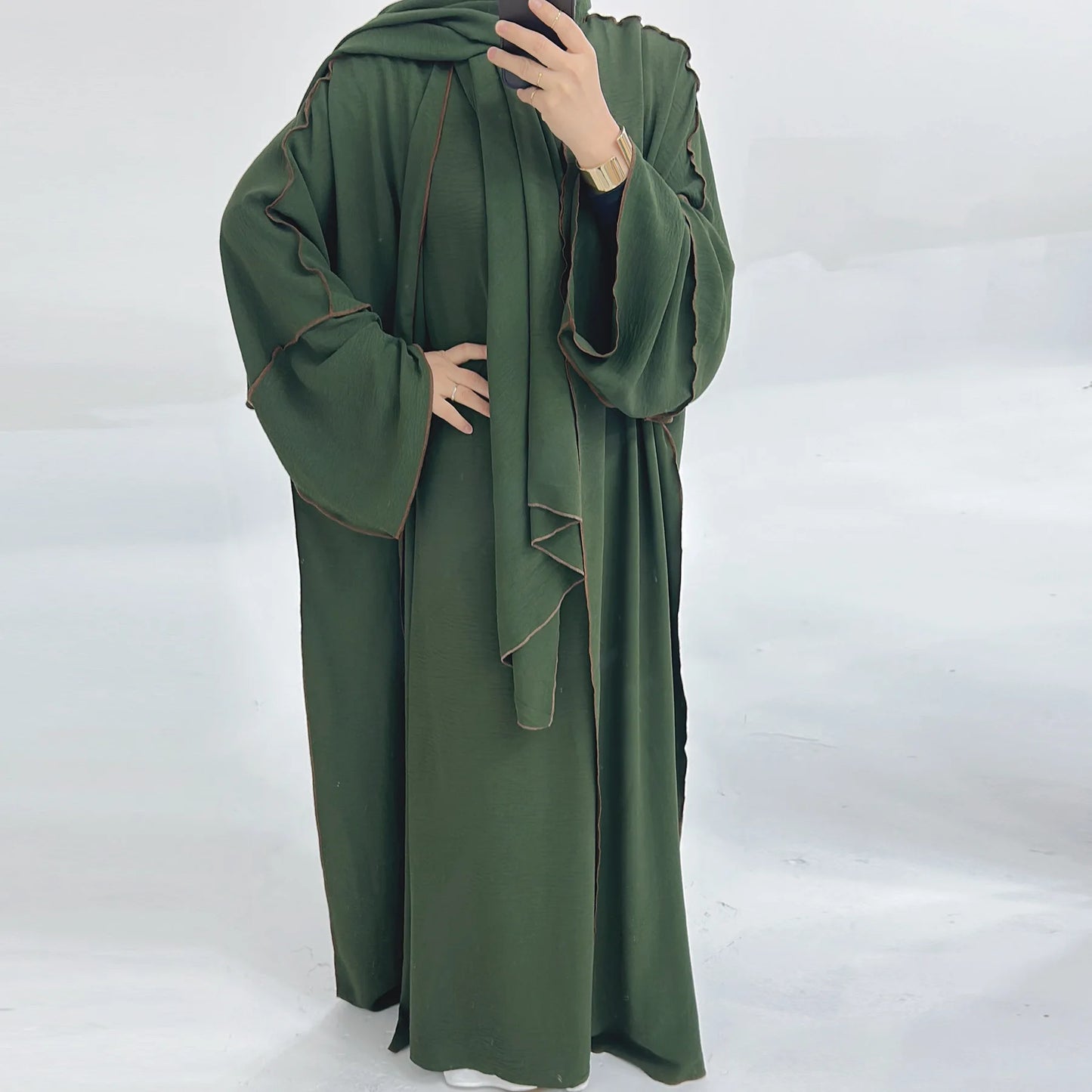 3pcs Muslim Women Kimono Cardigan With Inner Dress Hijab Matching Set Dubai Turkey Kaftan Abayas Eid Ramadan Jalabiya Robe Gown