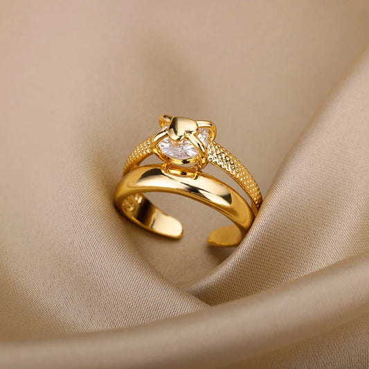Heart Rings for Women Grils Gold Plated Adjustable Stainless Steel Ring 2025 Trend Luxury Wedding Couple Jewelry anillos mujer