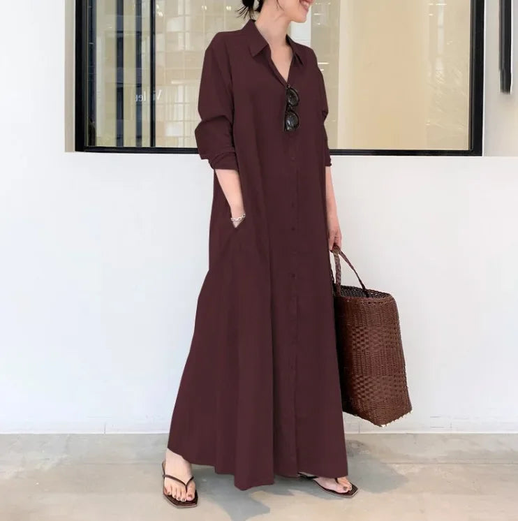 2025 Abayas For Women Cotton Linen Solid Color Lapel Long Sleeve Pocket Robe Femme Musulman Simple Loose Casual Long Shirt Dress