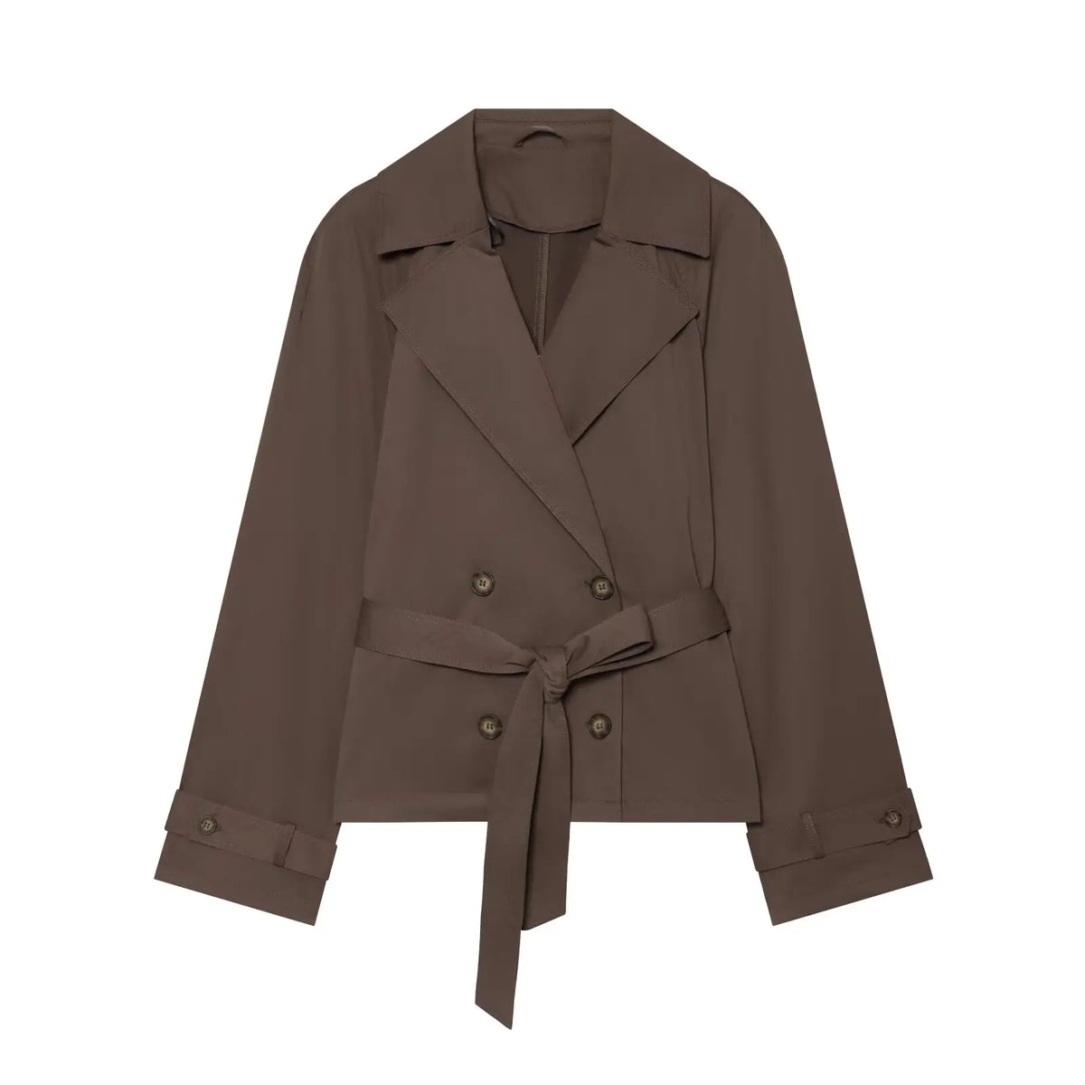 BSAY 2026 Women Short Trench Coat Lapel Double Breasted Belted Waist Long Sleeve Cropped Windbreaker Casual Commuter Outerwear