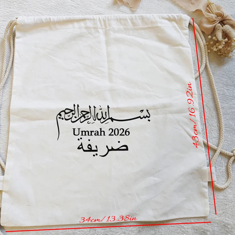 Personalized Umrah 2026 Drawstring Bag Islamic Arabic Calligraphy Canvas Backpack Muslim Pilgrimage Eid Al-Adha Decoration Gift