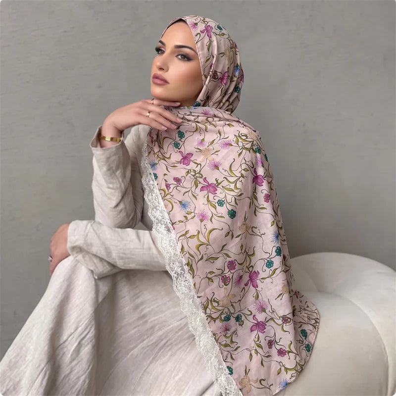 Floral Print Chiffon Muslim Hijab Scarf with Lace Edge