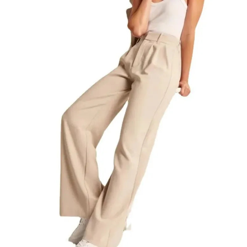 Women's High-Waisted Straight-Leg Trousers Casual Office Wear Slim-Fit Cut Solid-Colour Suit Trousers
