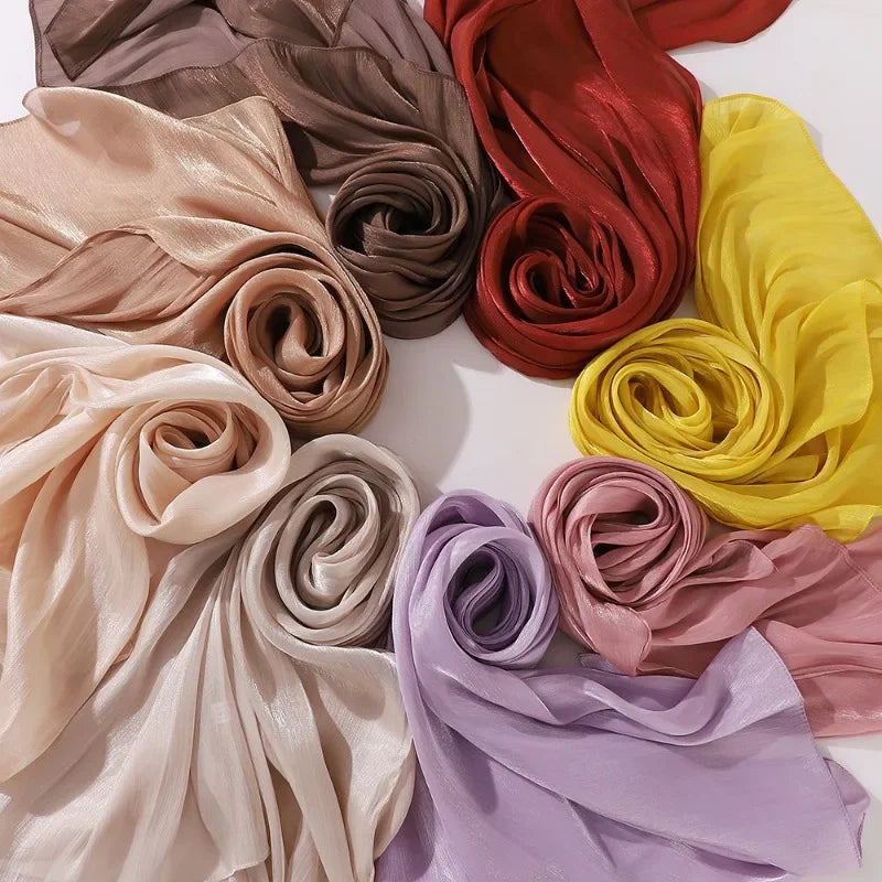 Female Shimmer Shawl Silk Hijab Scarf Breathable Cool Island Satin Medine Silk Veil Musulmans Shiny Silk Shawl Women's Scarves