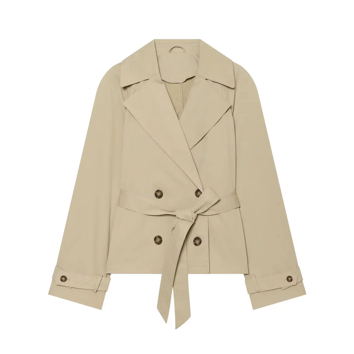 BSAY 2026 Women Short Trench Coat Lapel Double Breasted Belted Waist Long Sleeve Cropped Windbreaker Casual Commuter Outerwear