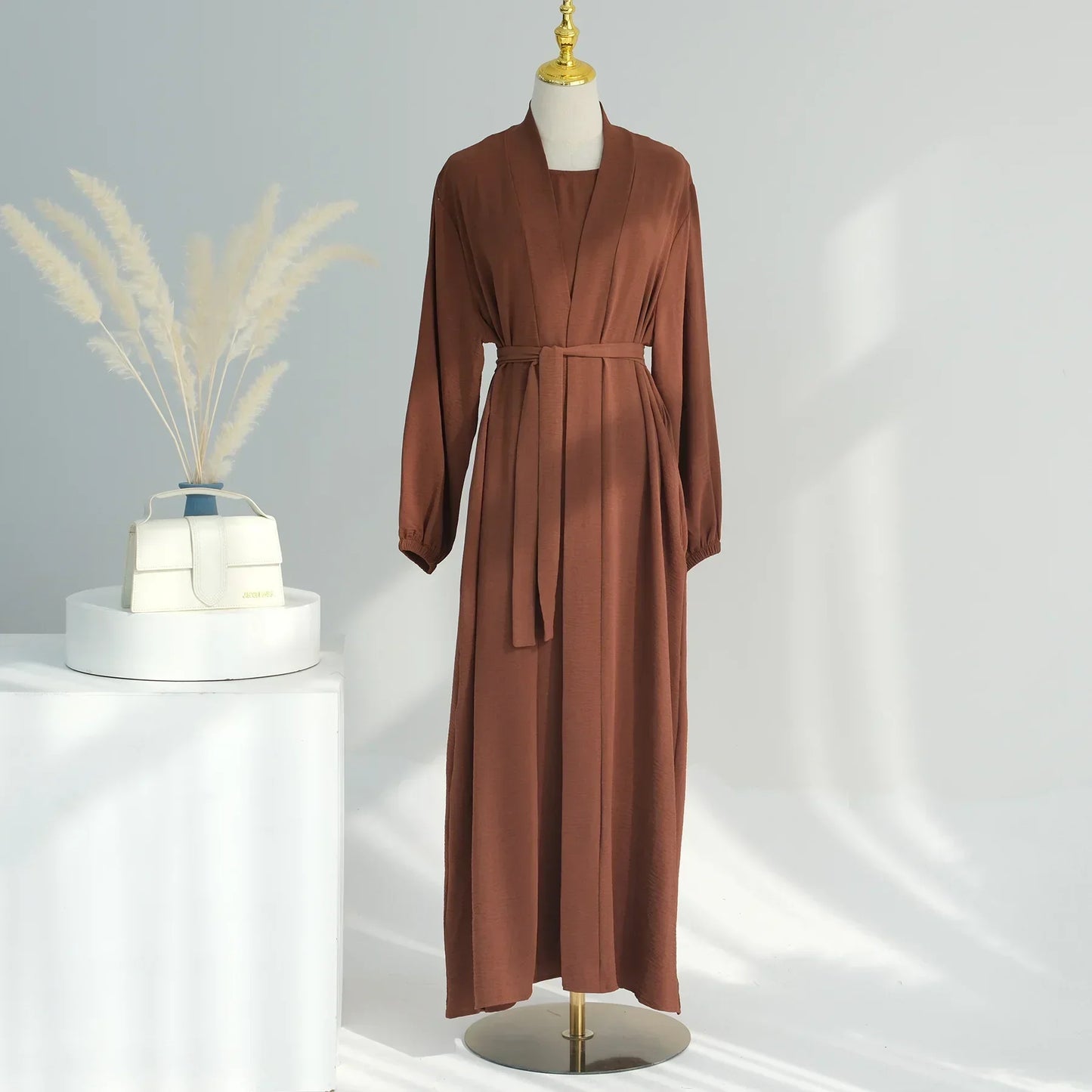 2 Piece Abaya Kimono with Inner Dress Set Muslim Abayas for Women Dubai Luxury Turkey Ramadan Islam Matching Hijab Outfit Kaftan