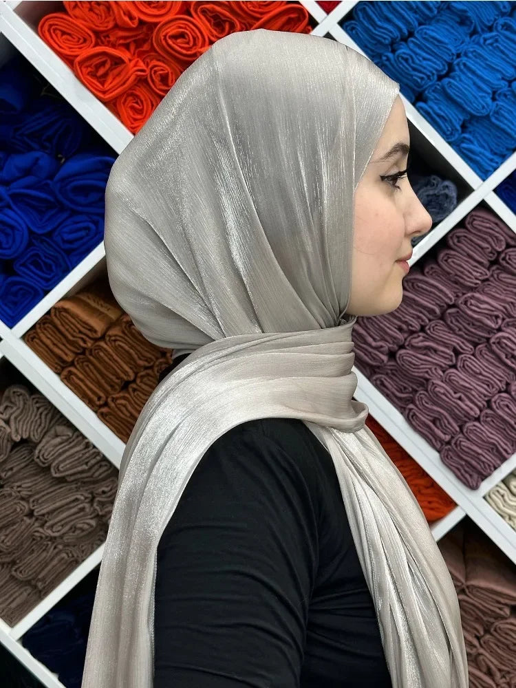 Female Shimmer Shawl Silk Hijab Scarf Breathable Cool Island Satin Medine Silk Veil Musulmans Shiny Silk Shawl Women's Scarves