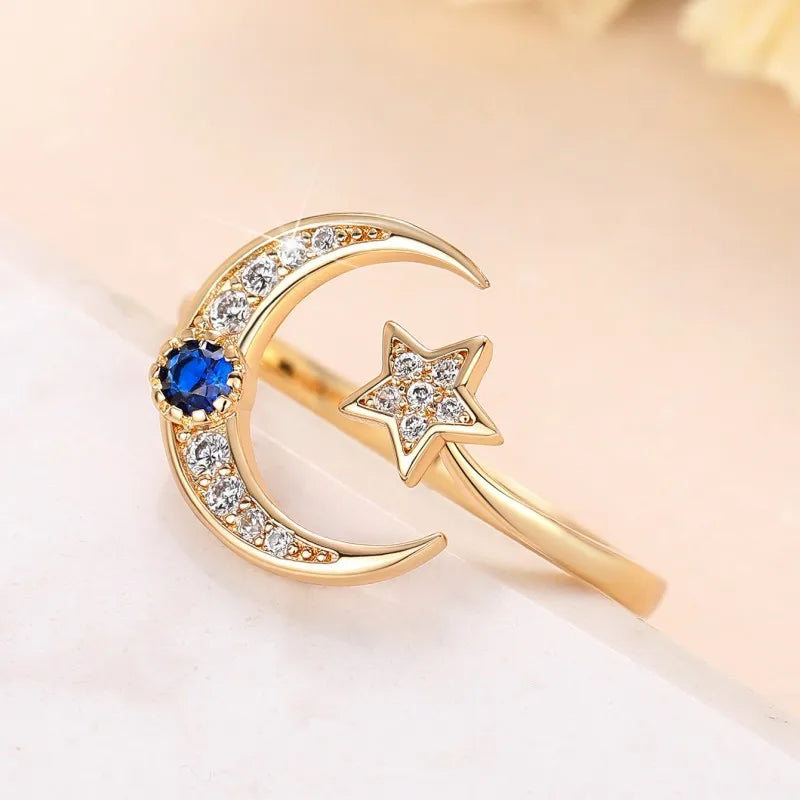 Huitan Moon and Star Designed Women Finger Rings Opening Adjustable Exquisite Girls Index Rings Daily Wearable Statement Jewelry