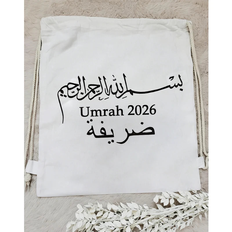 Personalized Umrah 2026 Drawstring Bag Islamic Arabic Calligraphy Canvas Backpack Muslim Pilgrimage Eid Al-Adha Decoration Gift