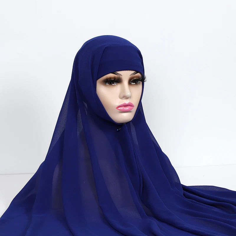 Instant Hijabs With Cap Plain Chiffon Jersey Hijabs For Woman Veil Muslim Islamic Hijab Cap Scarf For Women's Hijabs Headscarf