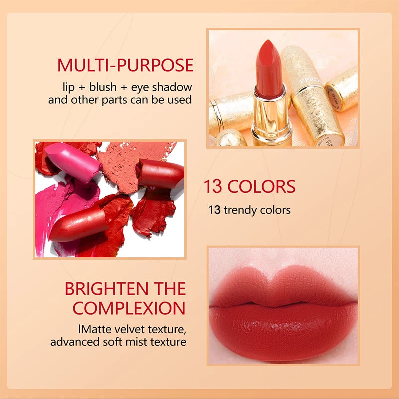 Matte Lipstick Long Lasting Waterproof Lip Stick Smudge-free Classic Highly Pigmented Velvet Finish Lip Tint Makeup