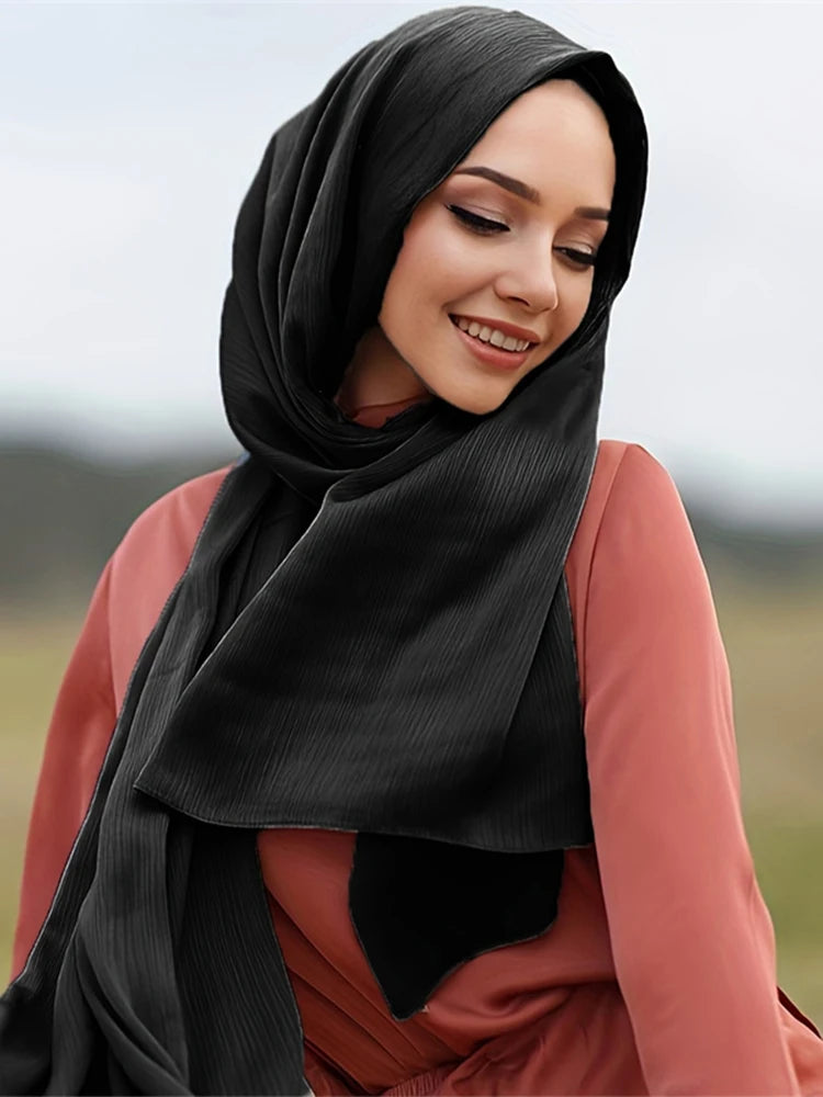 Premium Satin Crinkle Hijabs Scarf Chiffon Silk Shawl Plain Muslim Women Hijabs Shinny Islam Women Turban Pleated Scarf Ramadan