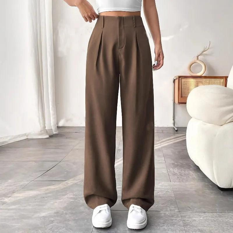 Women High Waist Straight Leg Trousers Slim Fit Solid-coloured Pleated Suit Trousers with Pockets Office Classic Casual Pants