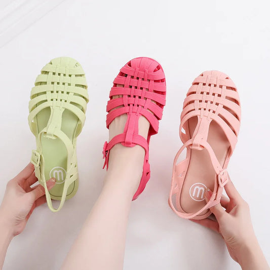 PVC Sandals Women Summer Shoes Roman Sandals Ladies Casual Flat Sole Hollow Candy Color Sandal Beach Shoes