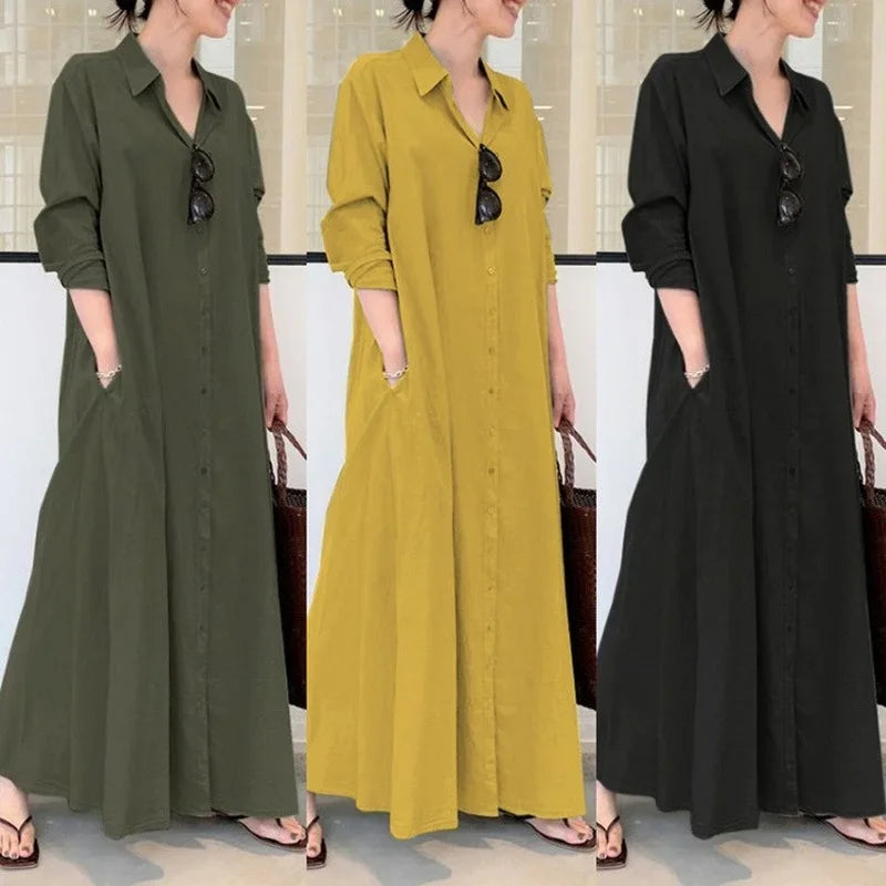 2025 Abayas For Women Cotton Linen Solid Color Lapel Long Sleeve Pocket Robe Femme Musulman Simple Loose Casual Long Shirt Dress
