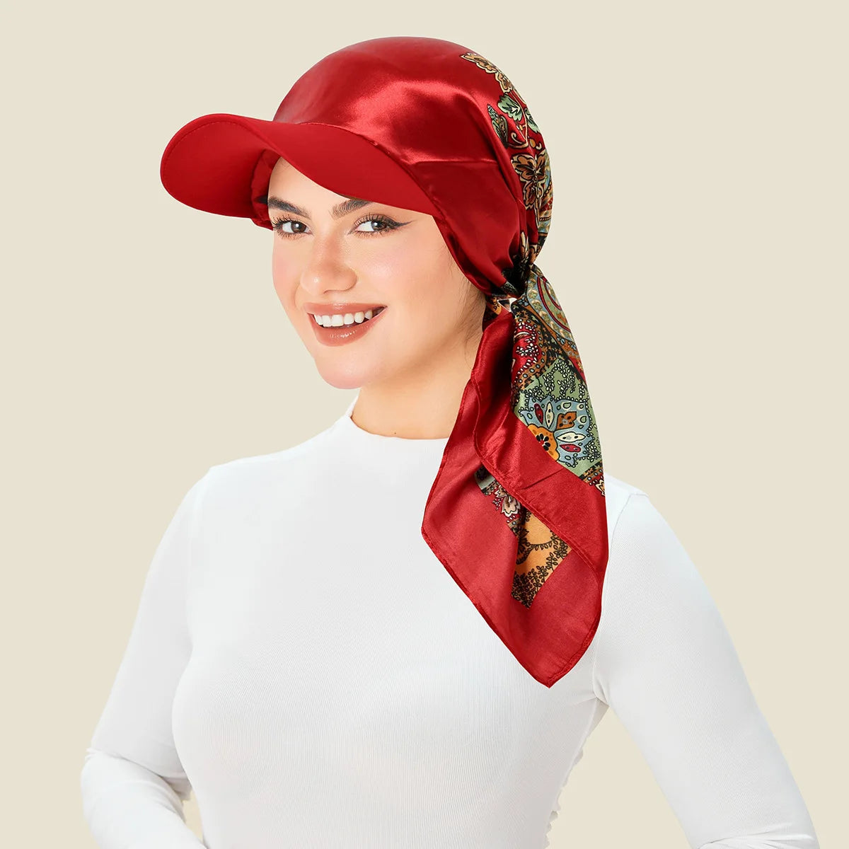 Floral Print Satin Turban Hijab Cap