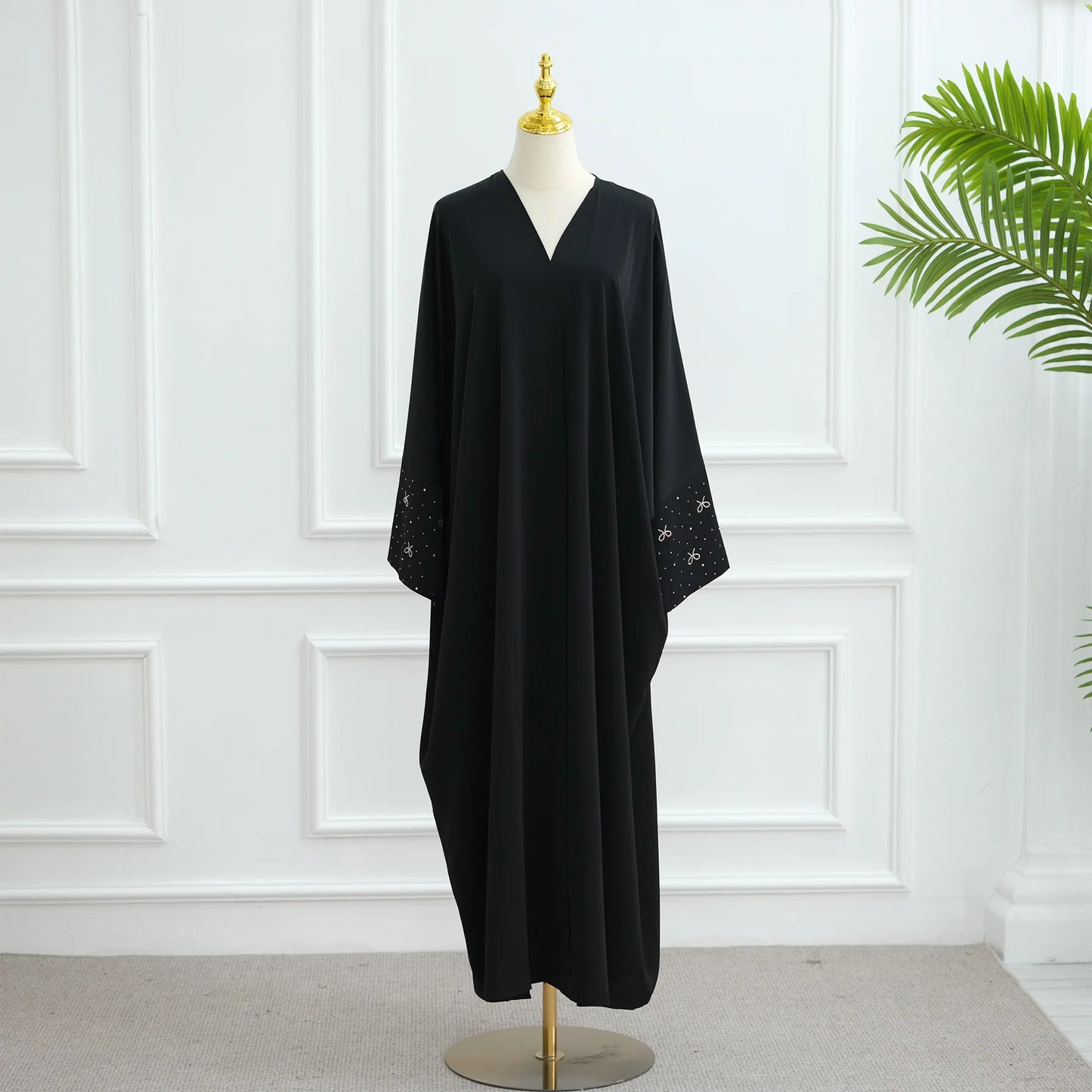 Luxury Dubai Abaya with Beaded Bow Modest Dress for Muslim Women Elegant Open Front Cover Cardigan Fashion Plain Turkey Outfit