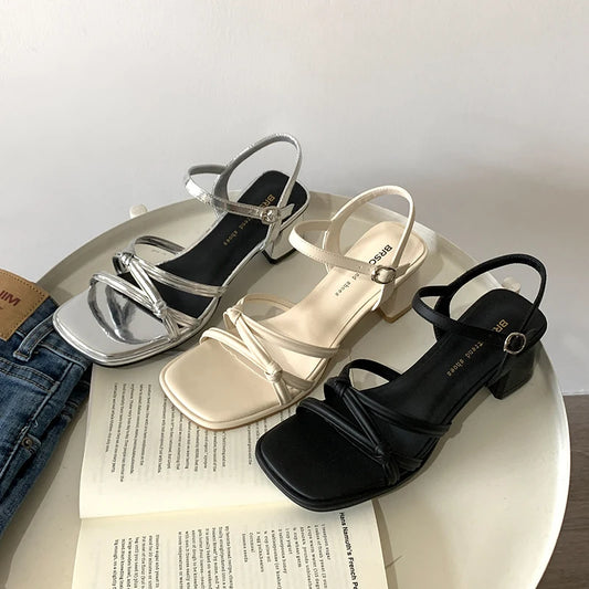 Women's Sandals Summer New Square Heel High Shoes Fashion Roman Sandals Black and White Open Toed Woman Slippers Ladies Shoes