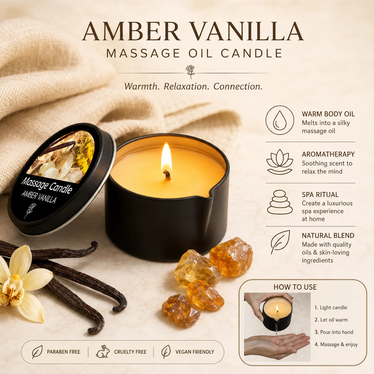 Amber Vanilla Soy Wax Aromatherapy & Massage Candle