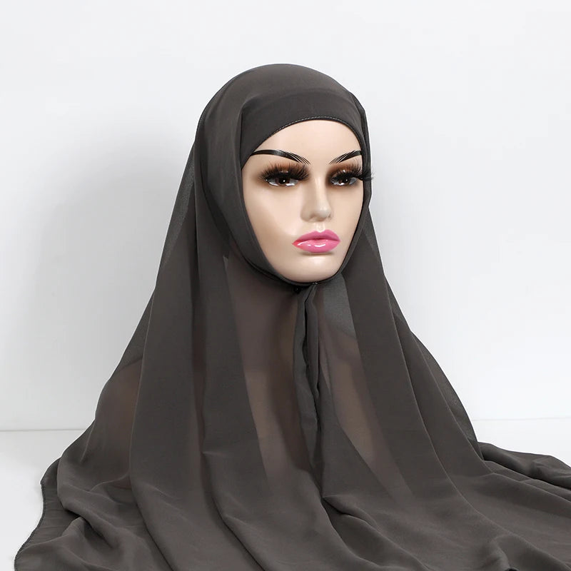 Instant Hijabs With Cap Plain Chiffon Jersey Hijabs For Woman Veil Muslim Islamic Hijab Cap Scarf For Women's Hijabs Headscarf