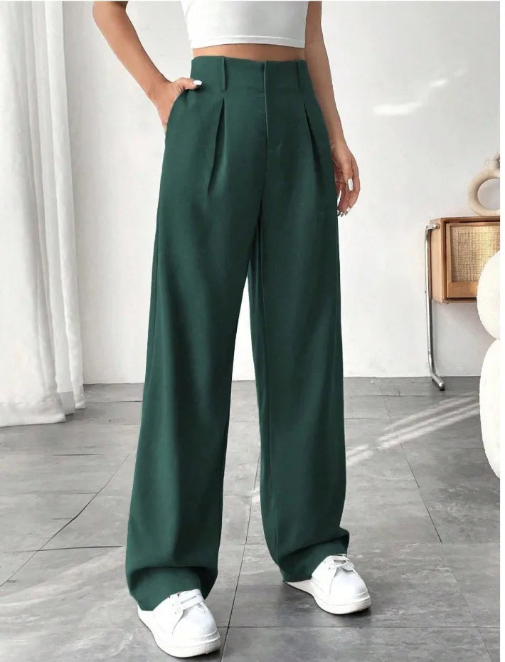Women High Waist Straight Leg Trousers Slim Fit Solid-coloured Pleated Suit Trousers with Pockets Office Classic Casual Pants