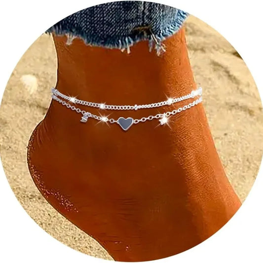Waterproof Anklet Bracelet for Women, Dainty Stainless Steel CZ & Heart Charm Dainty Layer Chain Anklets for Teen Girls Trendy