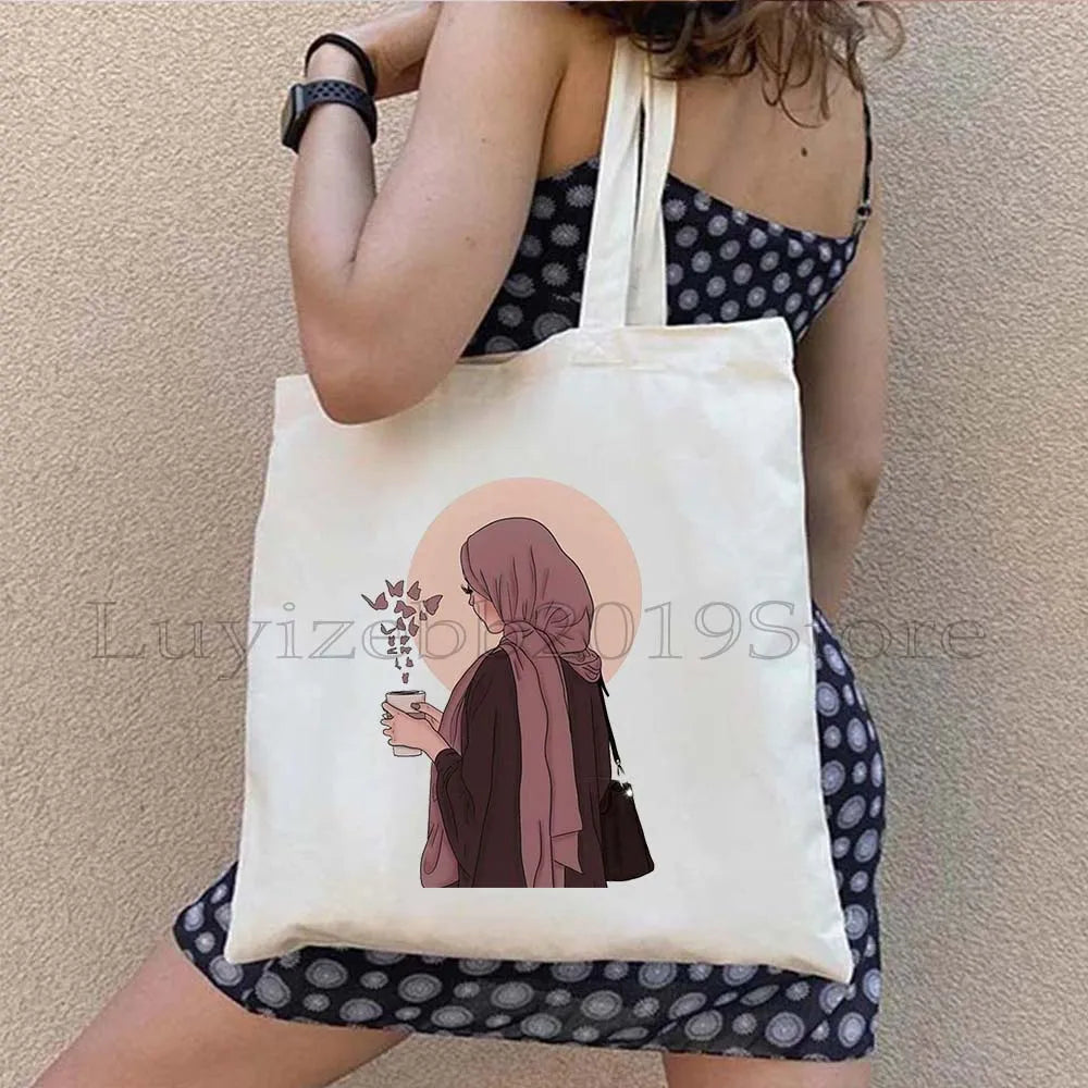Watercolor Floral Muslim Hijab Women Muslim islamic islam Arabian Shopper Canvas Tote Bag Harajuku Reusable Shoulder Handbag