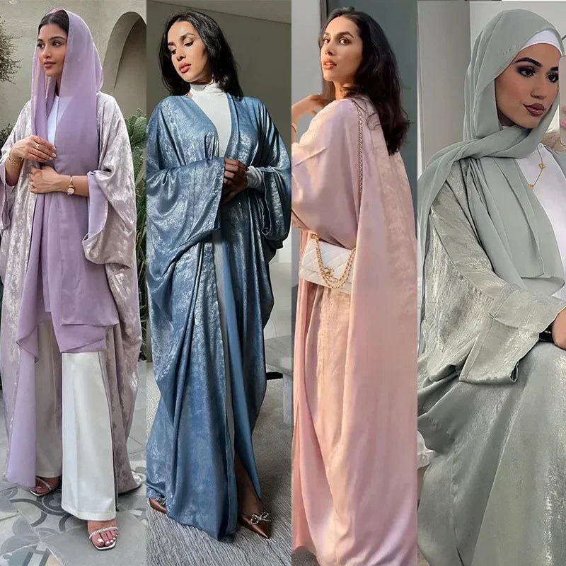 Dubai Women Maxi Dress Abayas Satin Kaftan Muslim Open Front Kimono Cardigan Turkey Islamic Dresses Loose Clothing Robe Arabic