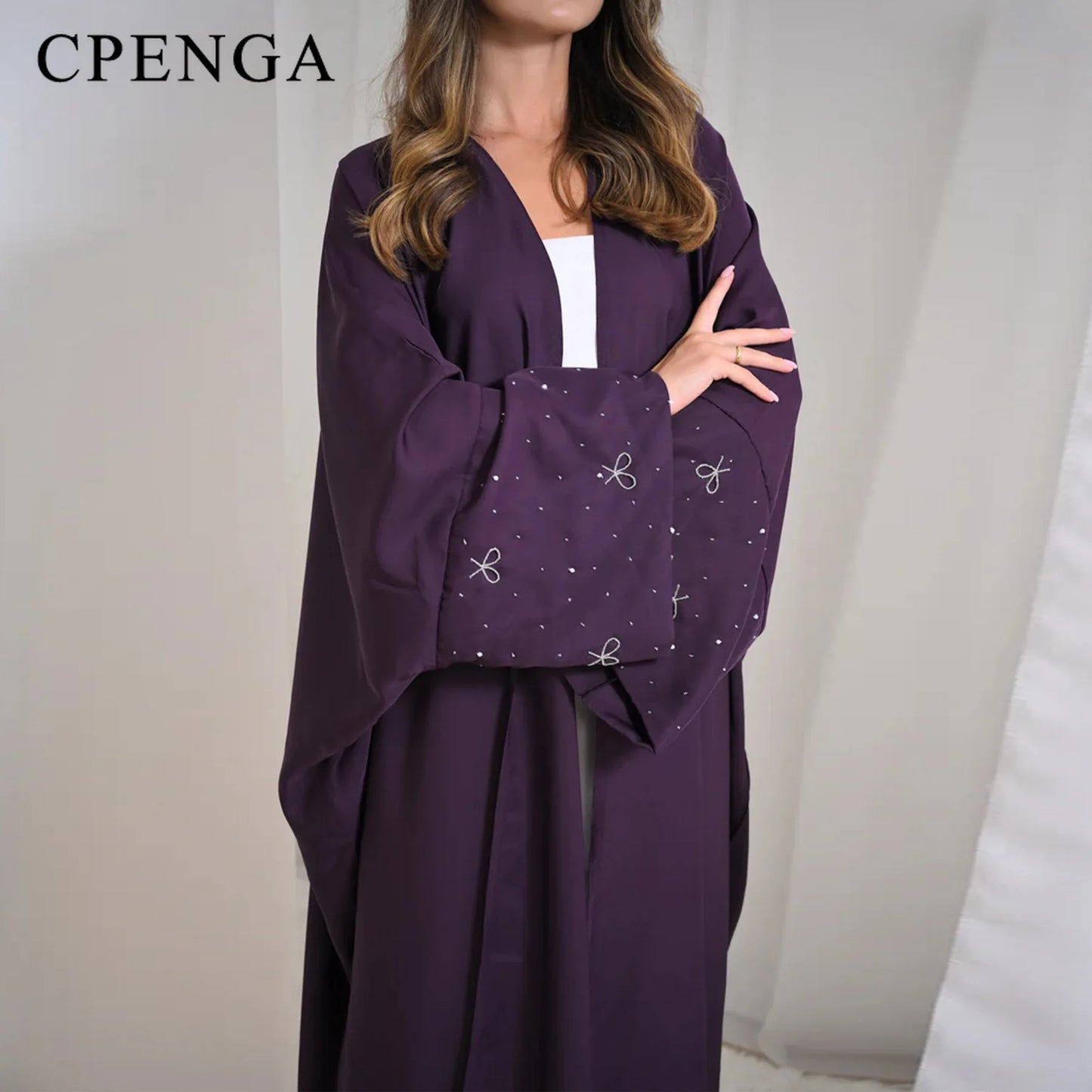 Luxury Dubai Abaya with Beaded Bow Modest Dress for Muslim Women Elegant Open Front Cover Cardigan Fashion Plain Turkey Outfit