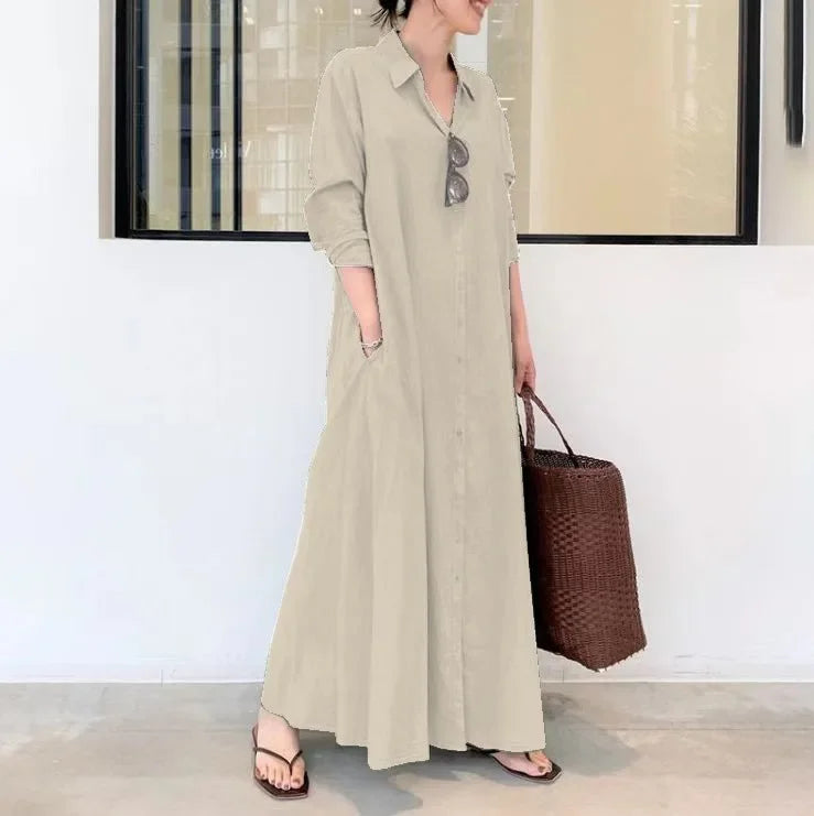 2025 Abayas For Women Cotton Linen Solid Color Lapel Long Sleeve Pocket Robe Femme Musulman Simple Loose Casual Long Shirt Dress