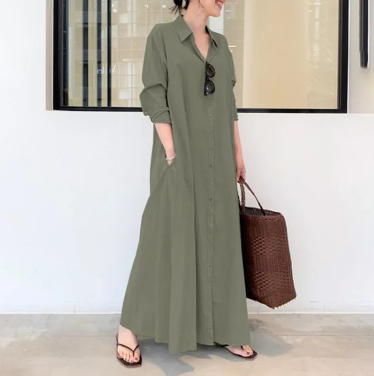 2025 Abayas For Women Cotton Linen Solid Color Lapel Long Sleeve Pocket Robe Femme Musulman Simple Loose Casual Long Shirt Dress