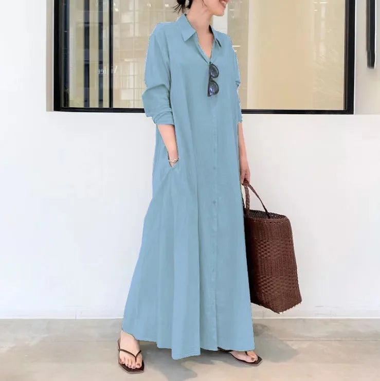 2025 Abayas For Women Cotton Linen Solid Color Lapel Long Sleeve Pocket Robe Femme Musulman Simple Loose Casual Long Shirt Dress