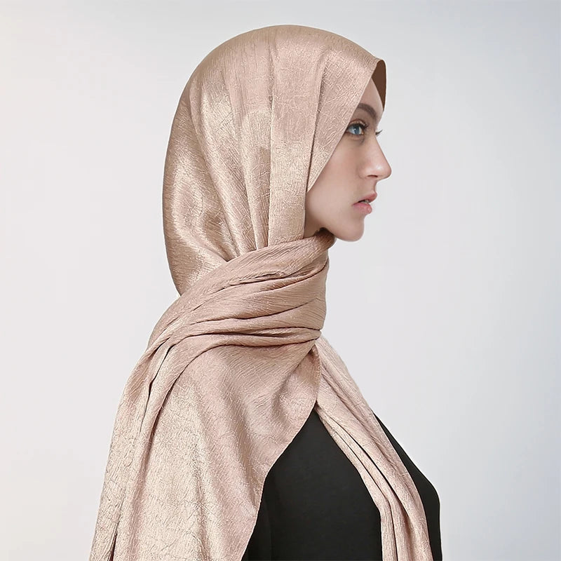 Hot Premium Satin Crinkle Hijab Silk Scarf Chiffon Shawl Plain Muslim Women Hijabs Islam Women Turban Pleated Scarf Ramadan