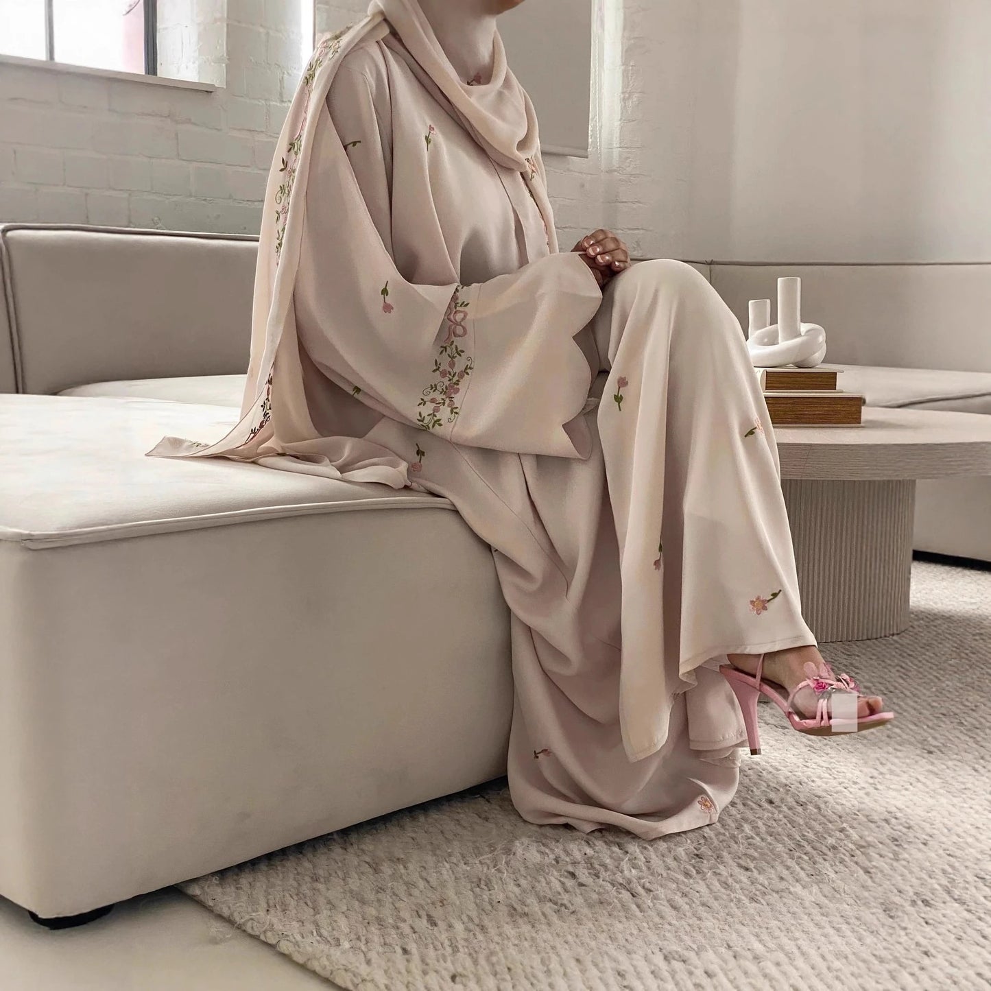 Embroidery Open Abaya and Hijab 2 Piece Set Muslim Dress Abayas for Women Dubai Luxury Islamic Clothing Kaftan Robe Ramadan Eid