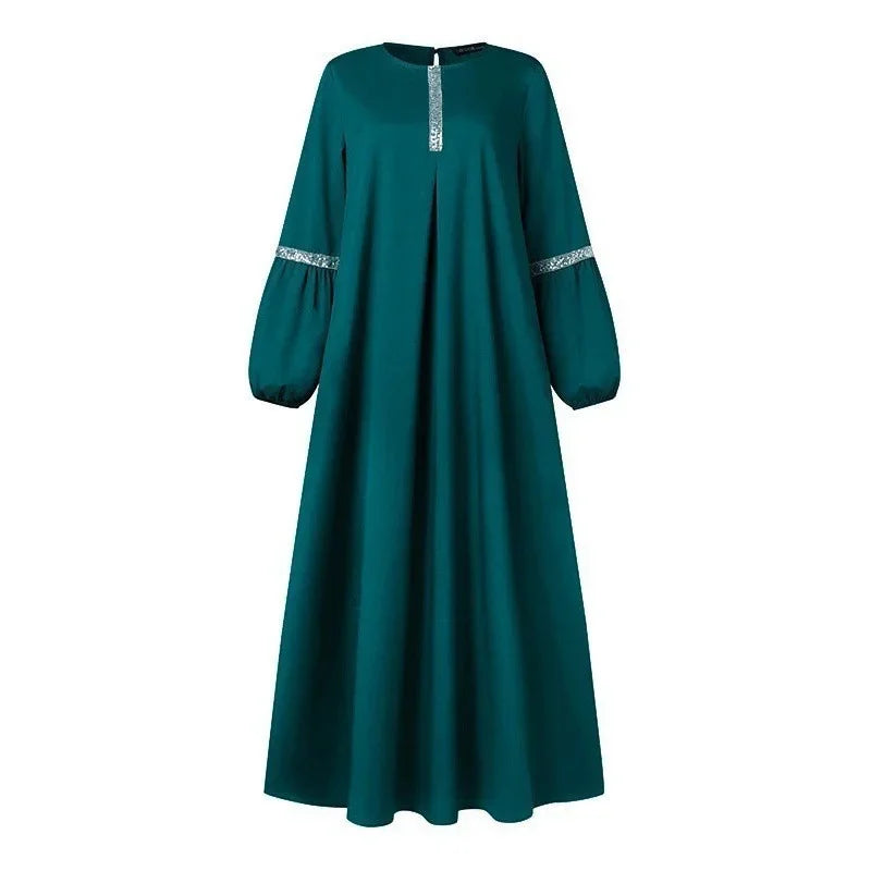 Muslim Women's Long Sleeve Sequin Dress Fashionable Bubble Sleeve Maxi Gown Elegant Pure Color Robe for Women Adults Girls
