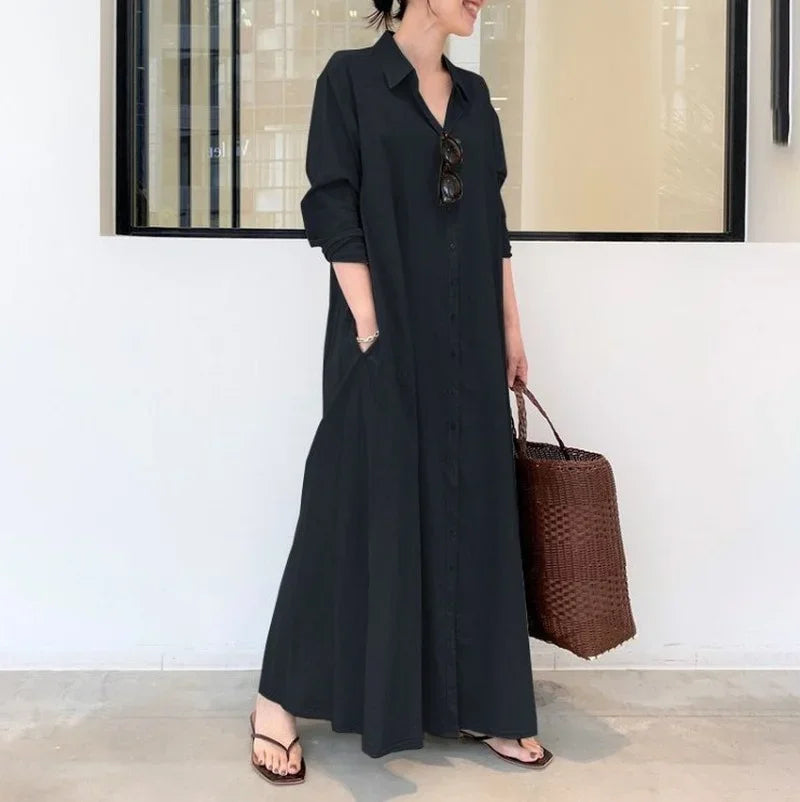 2025 Abayas For Women Cotton Linen Solid Color Lapel Long Sleeve Pocket Robe Femme Musulman Simple Loose Casual Long Shirt Dress