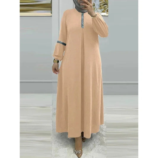 Muslim Women's Long Sleeve Sequin Dress Fashionable Bubble Sleeve Maxi Gown Elegant Pure Color Robe for Women Adults Girls