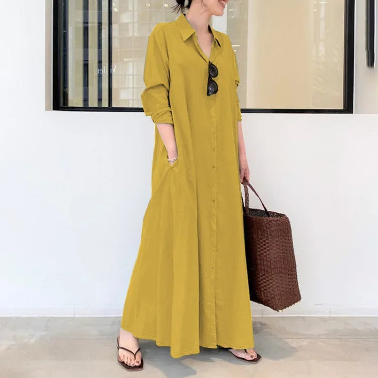 2025 Abayas For Women Cotton Linen Solid Color Lapel Long Sleeve Pocket Robe Femme Musulman Simple Loose Casual Long Shirt Dress