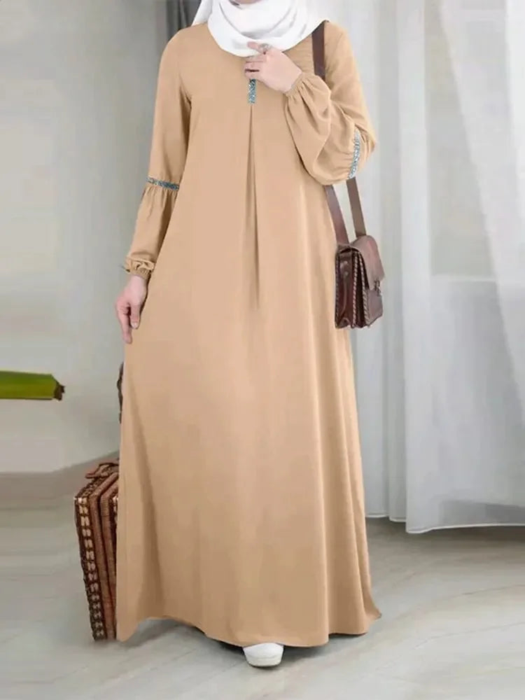 Women Eid Muslim Dress Kaftan Islam Party Dresses Dubai Vestidos Lantern Sleeve Solid Color Abaya Sequins Casual Ramadan