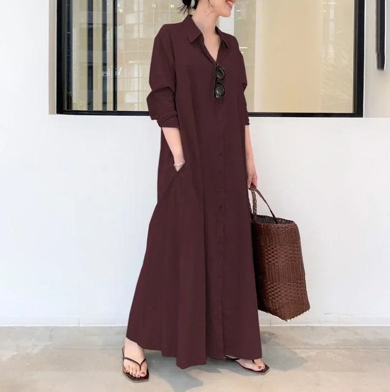 2025 Abayas For Women Cotton Linen Solid Color Lapel Long Sleeve Pocket Robe Femme Musulman Simple Loose Casual Long Shirt Dress