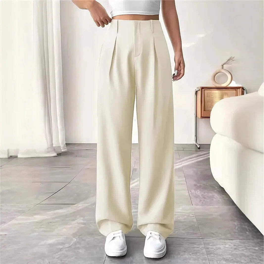Women High Waist Straight Leg Trousers Slim Fit Solid-coloured Pleated Suit Trousers with Pockets Office Classic Casual Pants