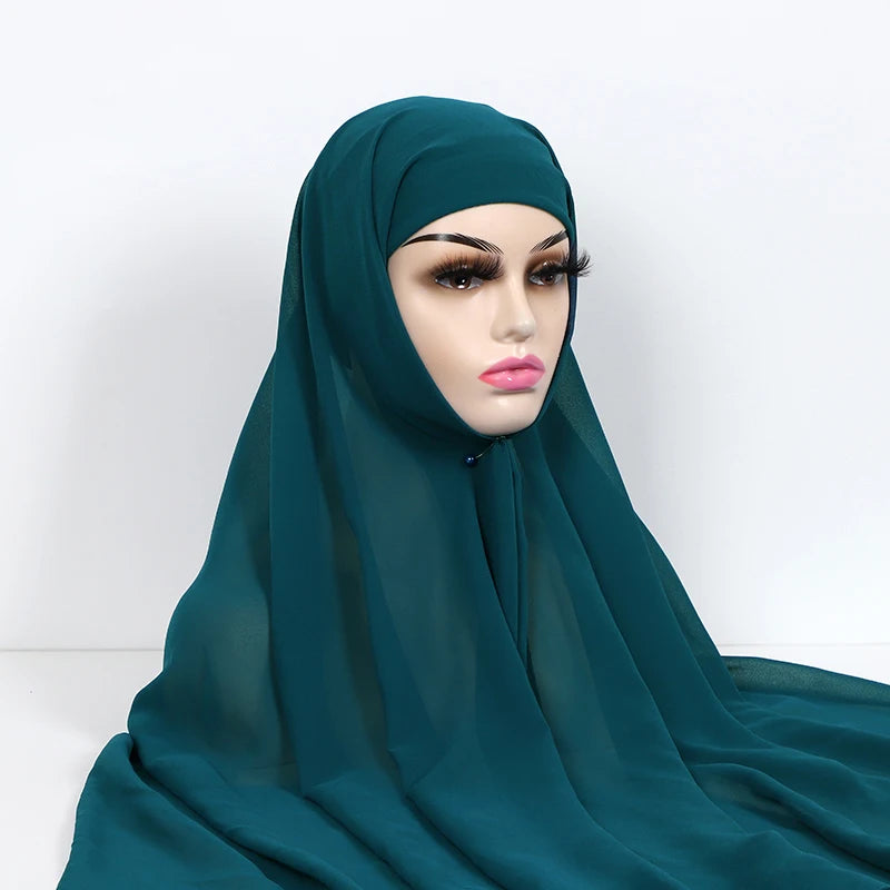 Instant Hijabs With Cap Plain Chiffon Jersey Hijabs For Woman Veil Muslim Islamic Hijab Cap Scarf For Women's Hijabs Headscarf